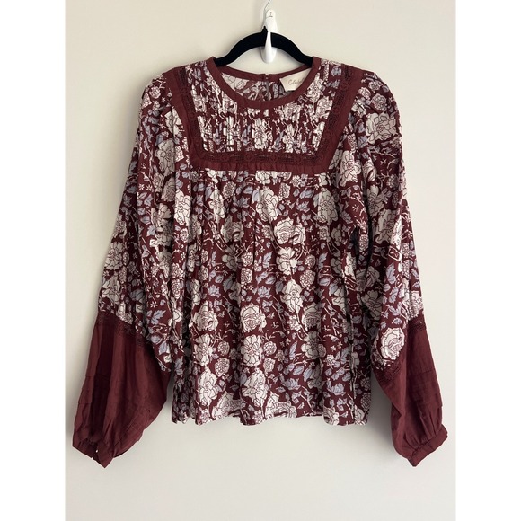 Cleobella Tops - Cleobella Womens Floral Cotton Balloon Sleeve Lace Trim Blouse Burgundy Medium